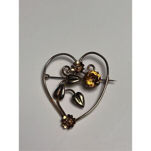 Large Vintage Art Deco 12k Gold Filled Citrine Rhinestone Flower Pin Brooch